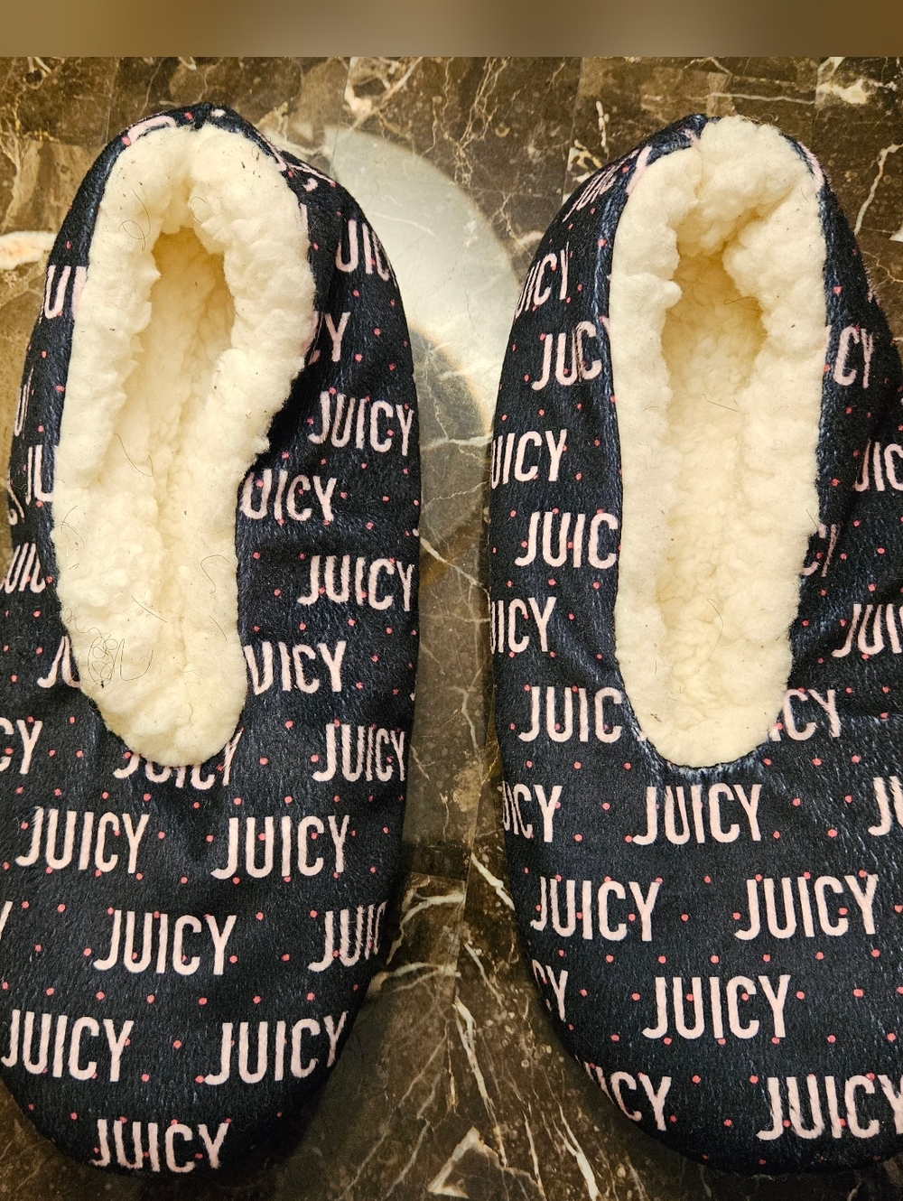 Juicy Couture Black Plush Slippers with Pink Logo